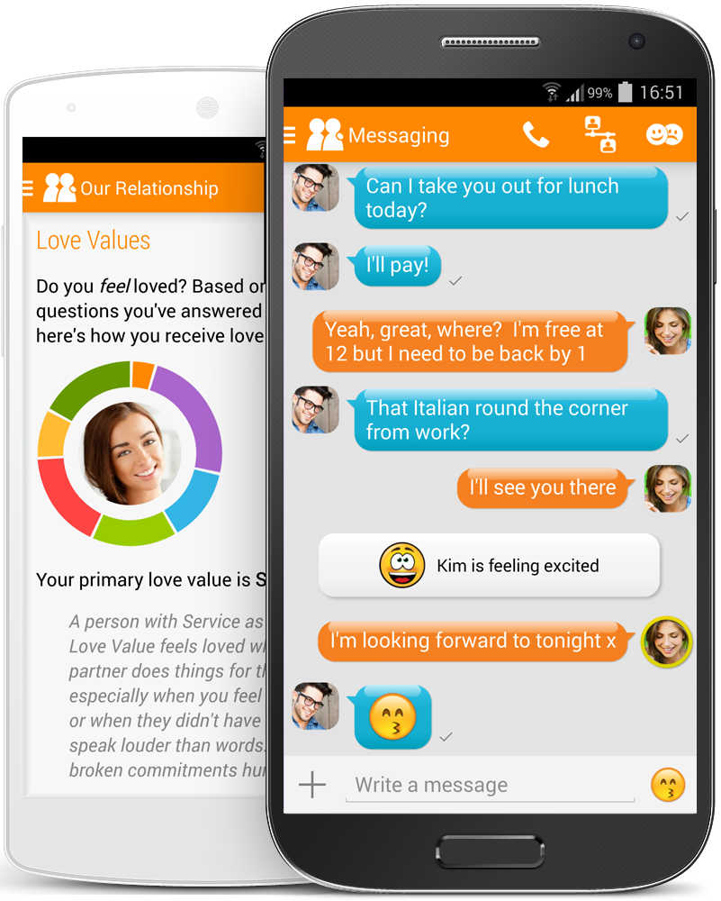 two screenshots of togethr app showing a married couple's chat messages and love values quiz results graph, with phone frames