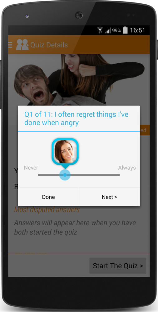 a married couple quiz question on anger, framed by a phone